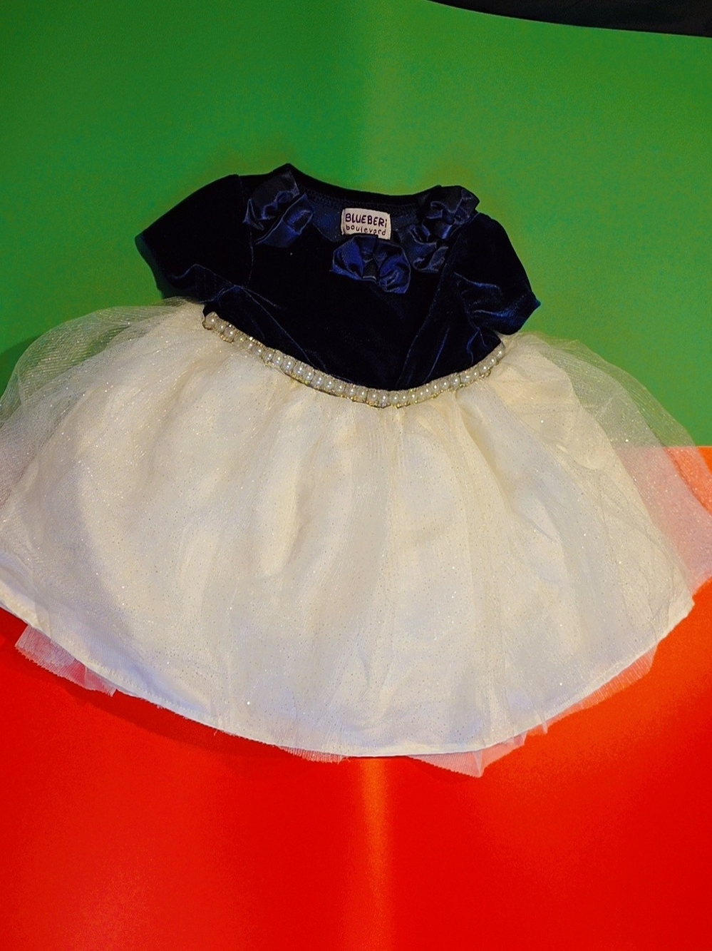Blueberi Boulevard Navy and White Velvet Tulle Party Dress